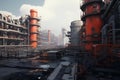 A wide view of a large industrial refinery, featuring a multitude of pipes and machinery