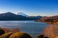 Mount Fuji, Lake Ashi and Hakone town with touristic boat cruising