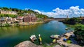 Wide view of Omkareshwar Island on the banks of Narmada river in Madhyapradesh, India