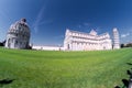 Wide view of Piazza Del Maracoli, Pisa, Italy. Leaning Tower of Pisa, Pisa Cathedral and Pisa Baptistery in