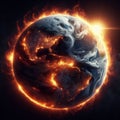 Wide view of the planet earth on fire due to climate change