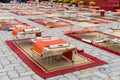 Wide view of playground with a lot of calligraphy table preparing for school children to brush on a Vietnamese lunar new year cele