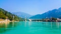 Wide view of Ram jhula hanging bridge across the Ganga river in Rishikesh, Uttarakhand, India Royalty Free Stock Photo