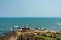 Wide view of ruined stone staircase with seashore background from viewpoint, Kailashgiri, Visakhapatnam, AndhraPradesh, March05 20