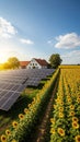 Vast Sunflower Field and Solar Panel Array Under a Bright Blue Sky with Fluffy Clouds solar panels Royalty Free Stock Photo