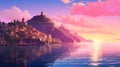 Colorful Fantasy Realism: Skyline Background With Coastal Landscape Royalty Free Stock Photo