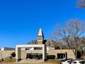 Wide view to the entrance of the Hudson River Museum, an art museum, as well it has exhibits on Royalty Free Stock Photo