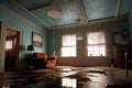 wide view of water puddle under a dripping ceiling