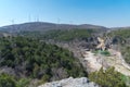 Wide view of wind turbines and Turner Falls on Honey Creek in the Arbuckle Mountains of south-central Oklahoma Royalty Free Stock Photo