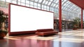 Wide White floor Billboard with red frame just back of a red sofa inside a Shopping mall with glass ceiling