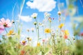 wideangle shot of diverse wildflowers with blue sky