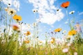 wideangle shot of diverse wildflowers with blue sky