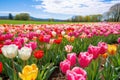 wider angle shot capturing a field of blooming perennial tulips