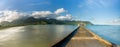 Widescreen panorama of Hanalei Bay and Pier on Kauai Hawaii Royalty Free Stock Photo