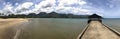 Widescreen Panorama View of Hanalei Pier and Bay, Kauai, Hawaii, USA Royalty Free Stock Photo