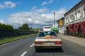 Wiecbork, kujawsko pomorskie / Poland - July 3, 2019: Rally Beijing - Paris. Rally car in street traffic in Poland