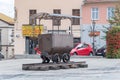 View historical old and rusty mine cart at Upper Market Square in Wieliczka