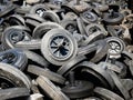 Wien/Austria - june 4 2019: close up of a group of replaced plastic wheels of waste containers for the waste management system of