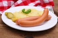 Wiener sausage with mashed potatoes and mustard Royalty Free Stock Photo