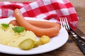 Wiener sausage with mashed potatoes, mustard Royalty Free Stock Photo