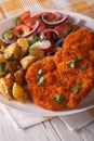 Wiener schnitzel, fried potatoes and vegetable salad closeup. ve Royalty Free Stock Photo