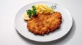 wiener zchnitzel with french fries on a plate with white background