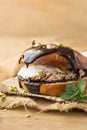 Wierd burger with vanilla ice cream and chocolated confetti on wooden background. Royalty Free Stock Photo