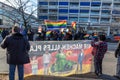 farmer with their tractors demonstrate for cutting down the price for diesel with poster wir machen alles kaputt - engl we destroy Royalty Free Stock Photo