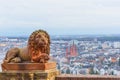 Wiesbaden in Hessen Germany view from Neroberg, in the foreground a statue of a lion, in the background a view of the city