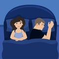 The wife is in bed with her husband. Insomnia. Tired girl. vector illustration