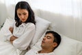 Wife can`t sleep Because the husband snores loudly on bedroom in morning. Royalty Free Stock Photo