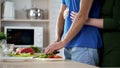 Wife gently hugging her husband who cooking vegetable salad for family lunch Royalty Free Stock Photo