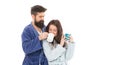 Wife and husband bathrobes hold tea mug coffee cup. Caffeine power concept. With coffee morning tastes better. Couple