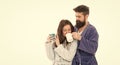 Wife and husband bathrobes hold tea mug coffee cup. Caffeine power concept. With coffee morning tastes better. Couple