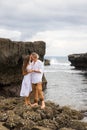 Wife and husband are going to kiss each other. Romantic couple in love. Family relation concept. Barefoot couple standing on the Royalty Free Stock Photo