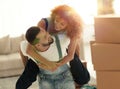 Wife and husband are happy to move to a new home. Royalty Free Stock Photo