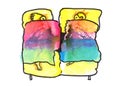 Wife and husband sleeping together under blankets, watercolor and marjer sketch of a pair, mand and woman asleep in bed