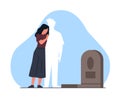 Wife pines for her dead husband. Crying woman near grave, man ghost. Missing love couple. Unhappy widow despair after Royalty Free Stock Photo