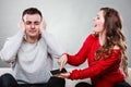 Wife shouting at husband. Cheating man. Betrayal. Royalty Free Stock Photo