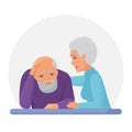 Wife supporting depressed husband flat vector illustration. Mental disorder, psychotherapy concept. Old woman