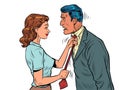 the wife ties her husbands tie, the family. Morning man is going to work