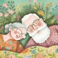 man woman love couple happy sleeping asleep lifestyle together old bed retired. Generative AI. Royalty Free Stock Photo