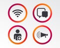 Wifi and chat bubbles. Add user, megaphone. Royalty Free Stock Photo