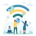 WIFI, connection and public assess, tiny people in free internet zone using laptop Royalty Free Stock Photo