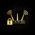 Wifi lock, security gold icon. Vector illustration of golden particle background