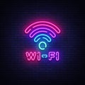 Wifi neon sign vector. Wifi symbol neon glowing letters shining, Light Banner, neon text. Vector illustration. Billboard