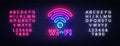 Wifi neon sign vector. Wifi symbol neon glowing letters shining, Light Banner, neon text. Vector illustration. Billboard