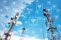 WiFi network on antennas on the top of a hill with blue sky back Royalty Free Stock Photo