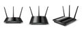 Wifi router front, top and angle view mockup, black realistic home device modem with three antennas Royalty Free Stock Photo