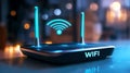 WiFi router with glowing antennas emitting signals in a modern setting